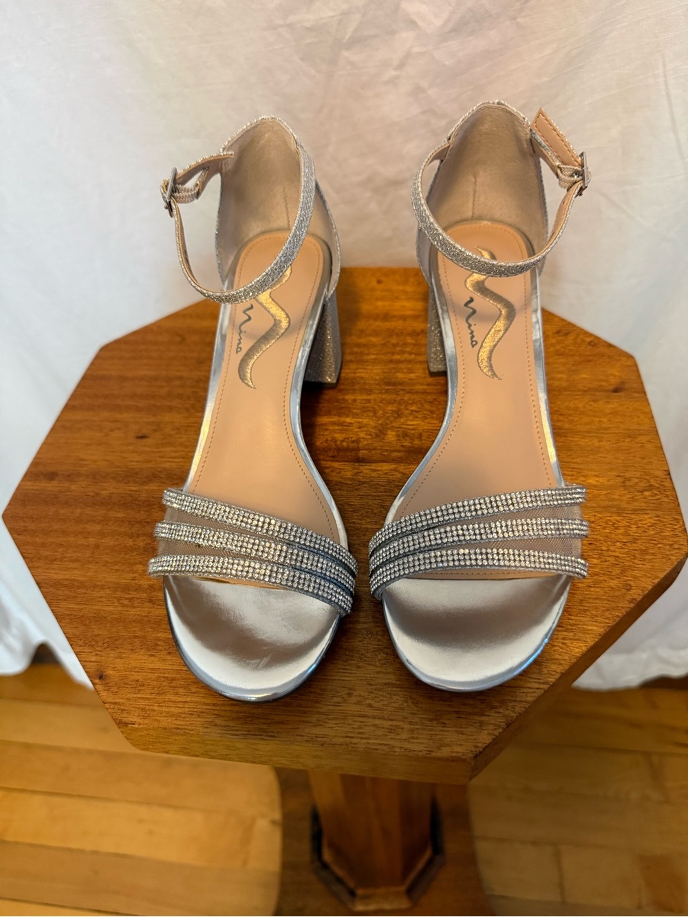 Nina Silver Rhinestone Block Heel Sandals